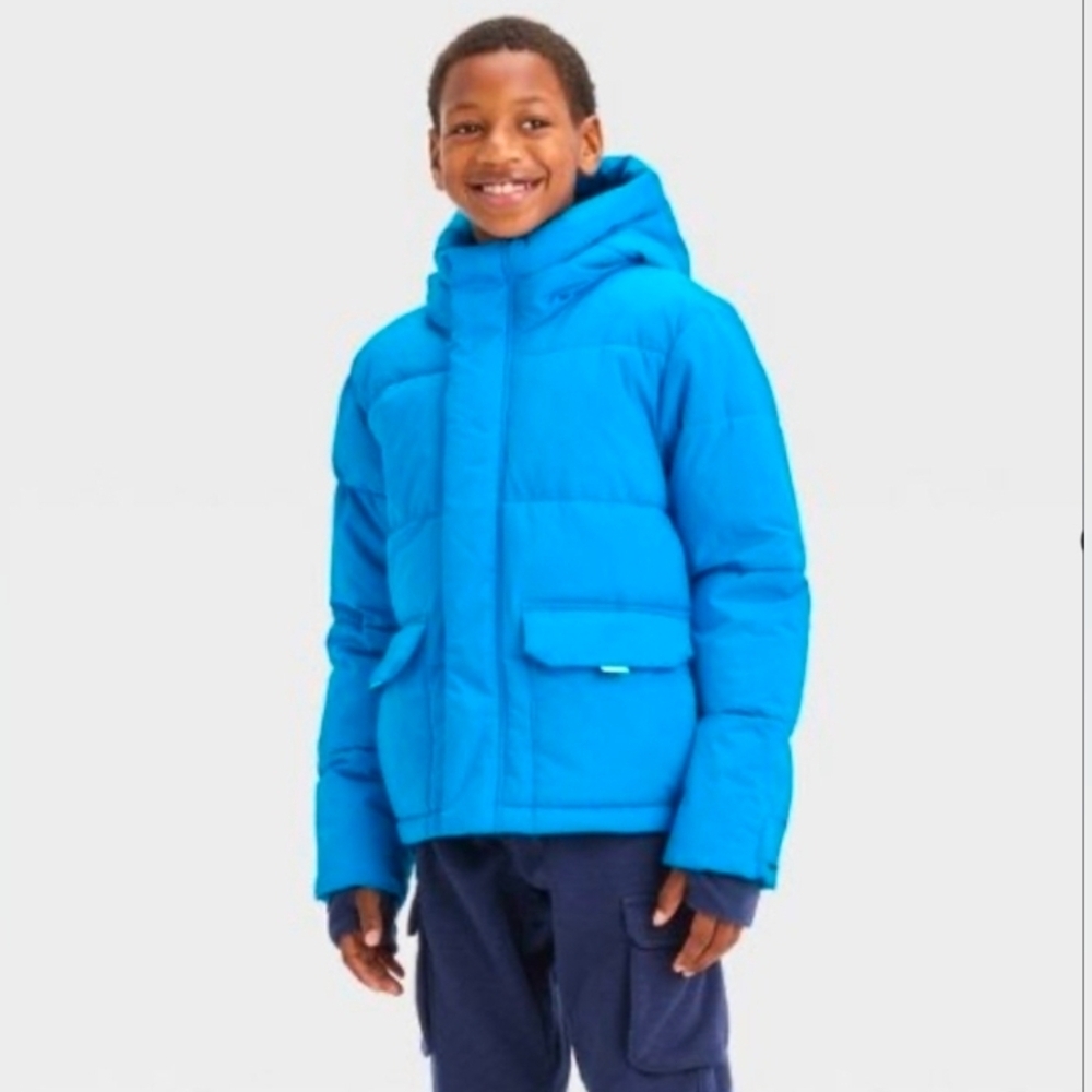 All In Motion Boys Short Puffer Jacket Blue Extendable Sleeves Size XL 14